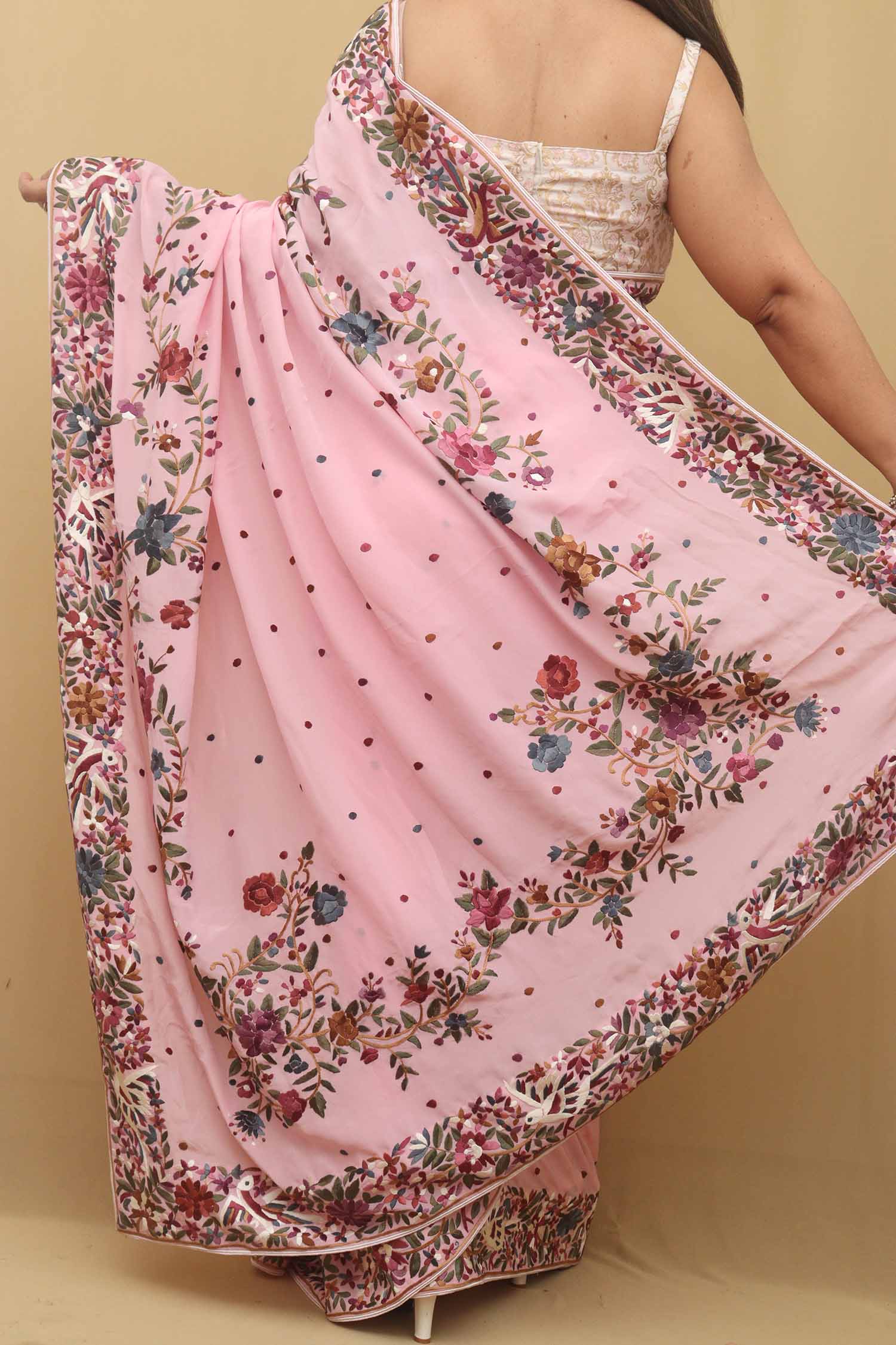 Pink Hand Embroidered Parsi Gara Crepe Floral And Bird Design Saree - Luxurion World