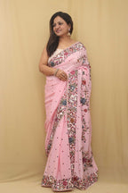 Pink Hand Embroidered Parsi Gara Crepe Floral And Bird Design Saree - Luxurion World