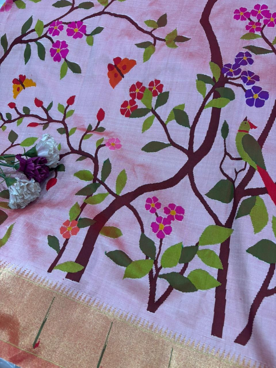 Heirloom Pink Paithani Silk Saree with Muniya Border - Luxurion World