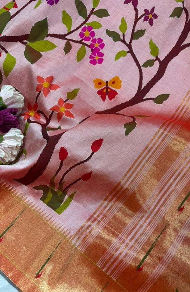 Heirloom Pink Paithani Silk Saree with Muniya Border - Luxurion World