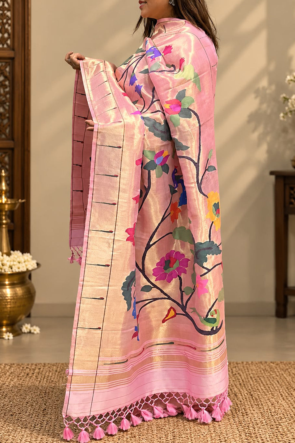 Pink Paithani Handloom Pure Silk Brocade Muniya Border Dupatta