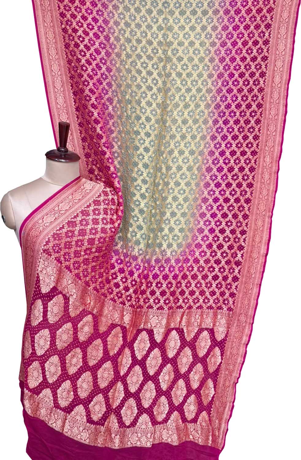Pink and Grey Banarasi Bandhani Pure Georgette Saree Neemzari
