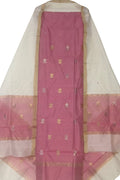 Pink And Off White Chanderi Handloom Cotton Silk Two Piece Unstitched Suit Set