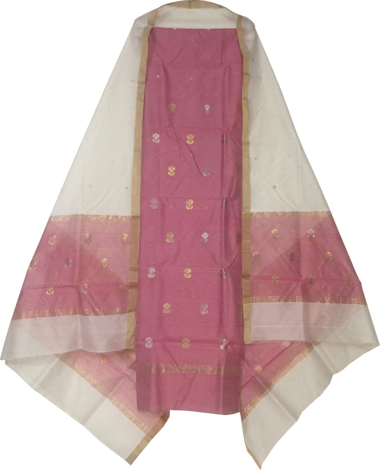 Pink And Off White Chanderi Handloom Cotton Silk Two Piece Unstitched Suit Set