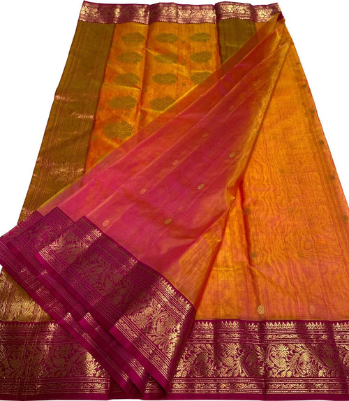 Pink And Orange Chanderi Pure Katan Silk Saree Handloom Weave Festive