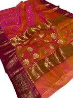 Pink And Orange Chanderi Handloom Pure Katan Silk Saree