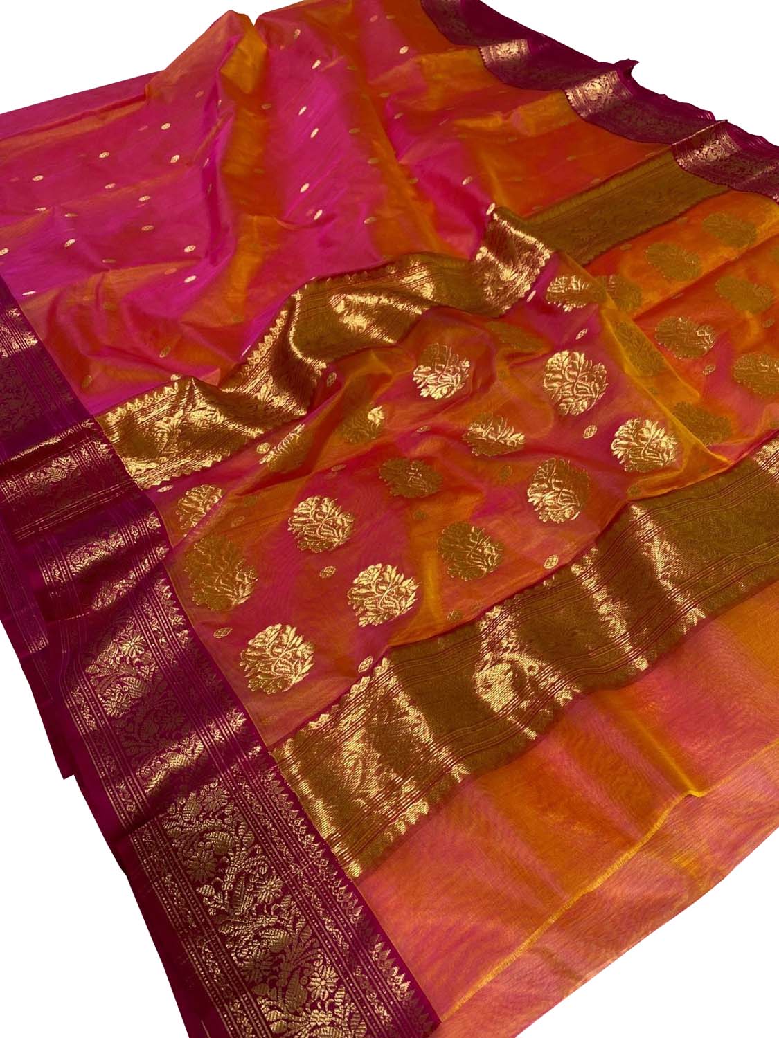 Pink And Orange Chanderi Handloom Pure Katan Silk Saree