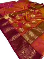 Pink And Orange Chanderi Handloom Pure Katan Silk Saree