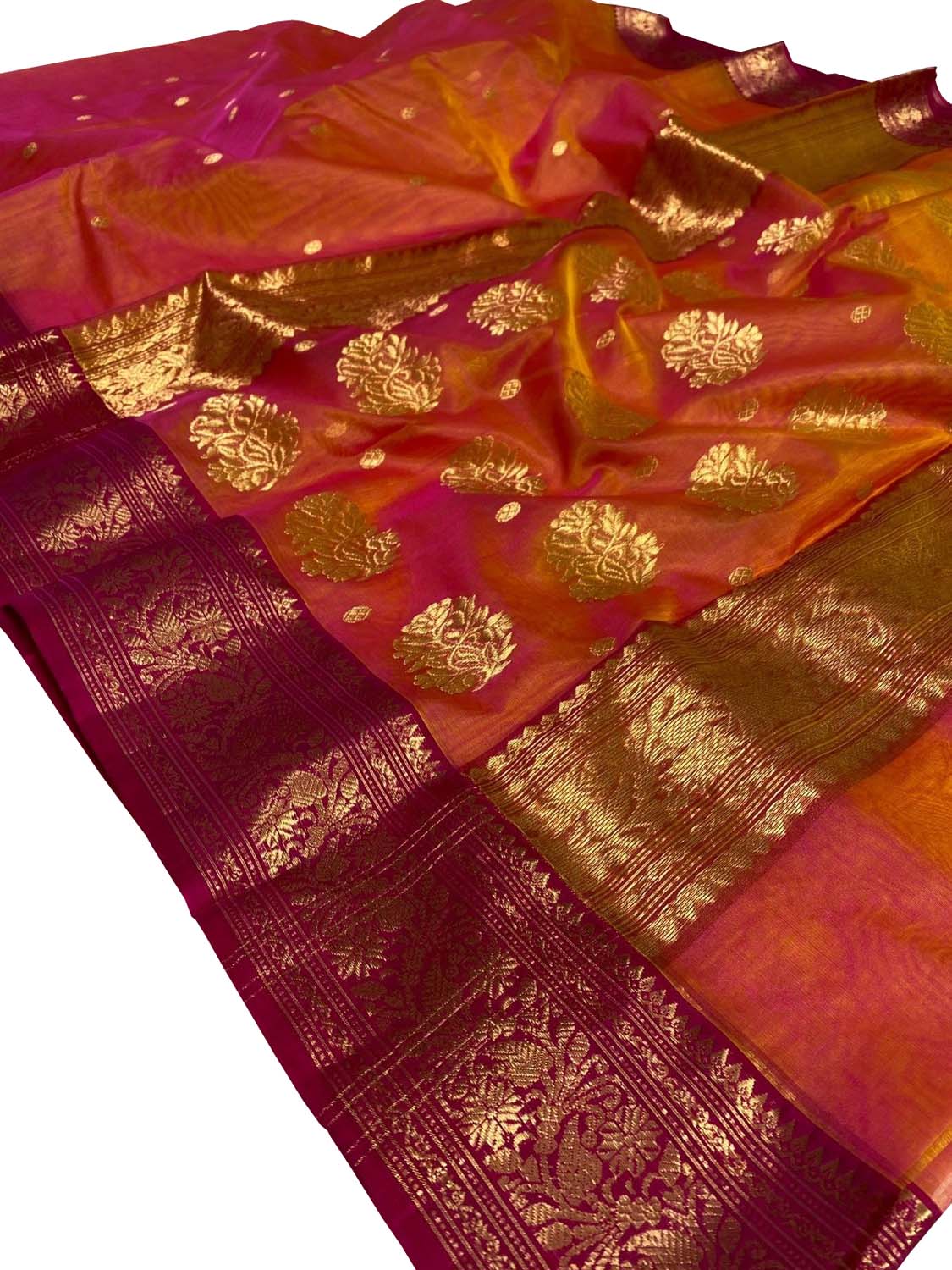 Pink And Orange Chanderi Handloom Pure Katan Silk Saree