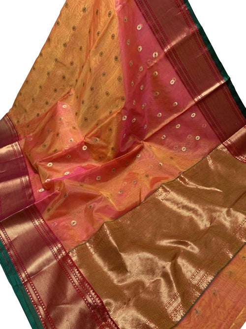 Pink And Orange Chanderi Pure Katan Silk Saree Festive