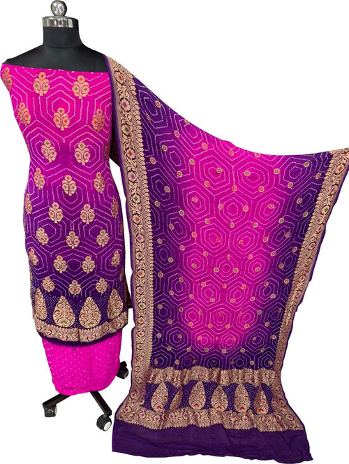 Pink And Purple Banarasi Bandhani Georgette Meenakari Rai Bandhej Three Piece Suit Festive