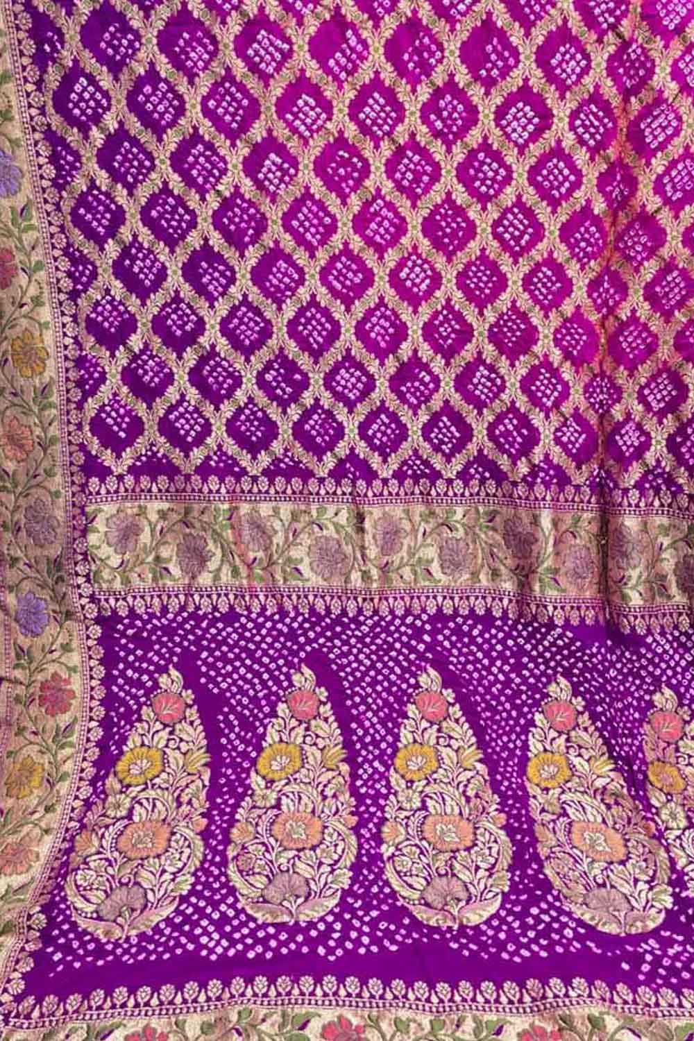 Pink And Purple Banarasi Bandhani Pure Georgette Tilfi Zari Saree