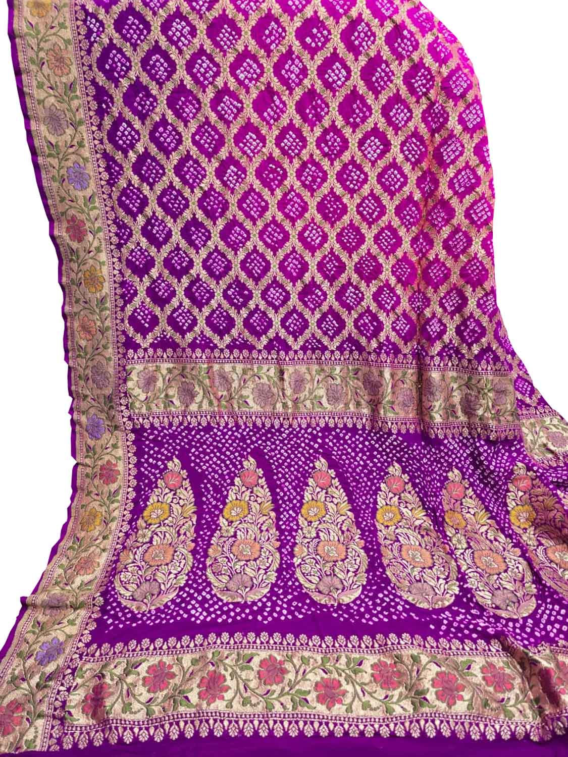 Pink And Purple Banarasi Bandhani Pure Georgette Tilfi Zari Saree