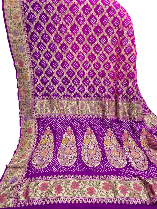 Pink And Purple Banarasi Bandhani Pure Georgette Tilfi Zari Saree