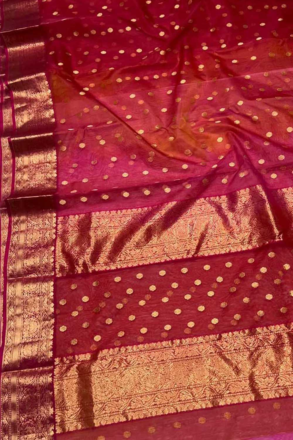 Pink And Red Chanderi Handloom Pure Katan Silk Saree