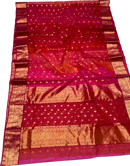 Pink and Red Chanderi Katan Silk Saree Handloom Weave Festive