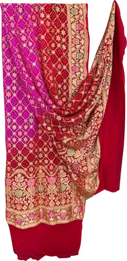 Pink And Red Pure Georgette Bandhani Neem Zari Dupatta