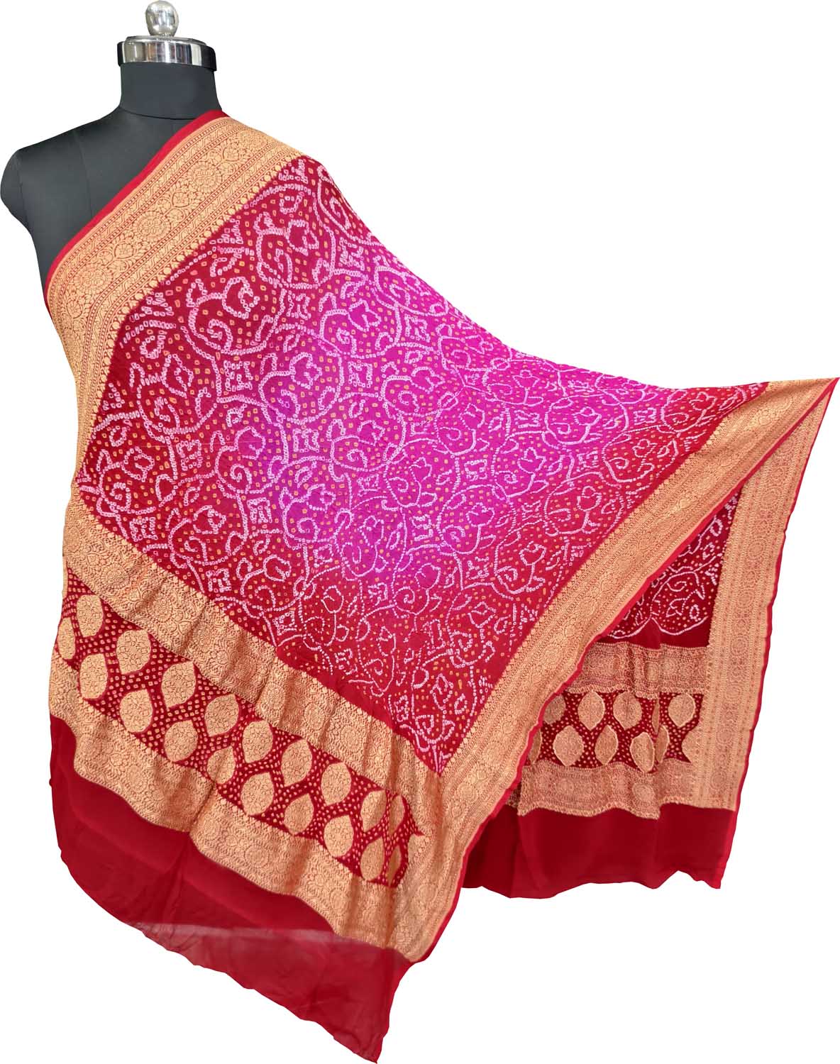 Pink And Red Pure Georgette Bandhani Rai Bandhej Dupatta