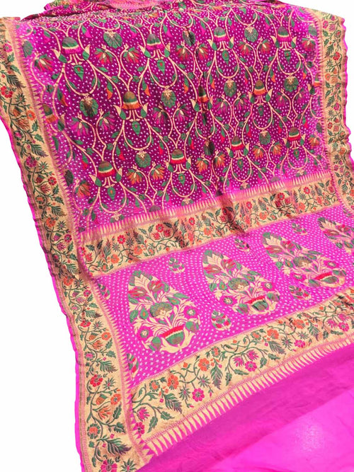Pink Banarasi Bandhani Pure Georgette Tilfi Zari Saree