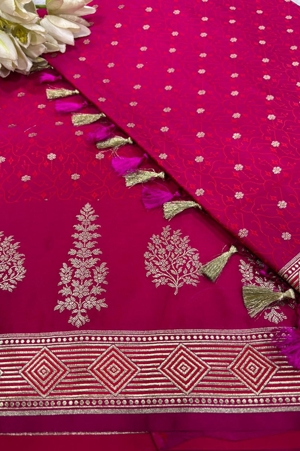 Pink Banarasi Mashru Silk Saree — Zari Floral Weave, Wedding & Festive