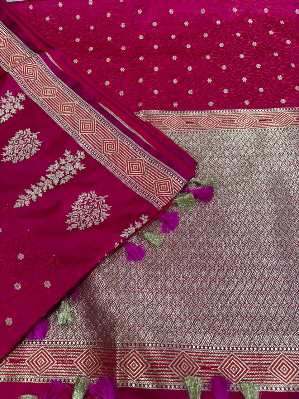 Pink Banarasi Mashru Silk Saree — Zari Floral Weave, Wedding & Festive