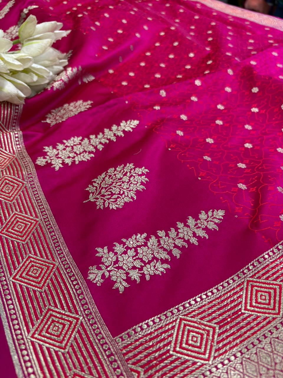 Pink Banarasi Mashru Silk Saree — Zari Floral Weave, Wedding & Festive
