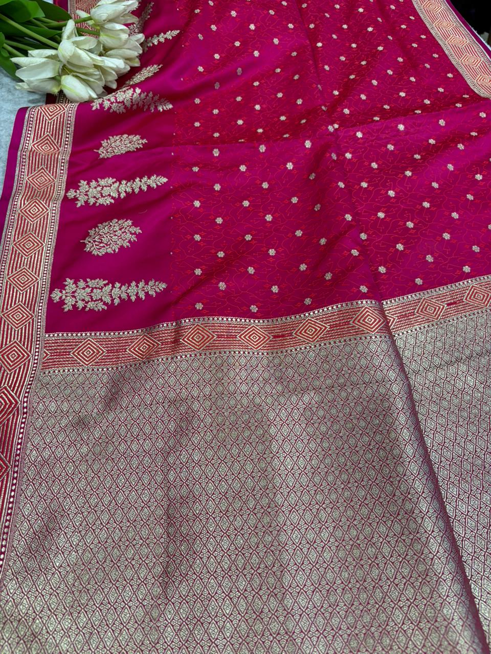 Pink Banarasi Mashru Silk Saree — Zari Floral Weave, Wedding & Festive