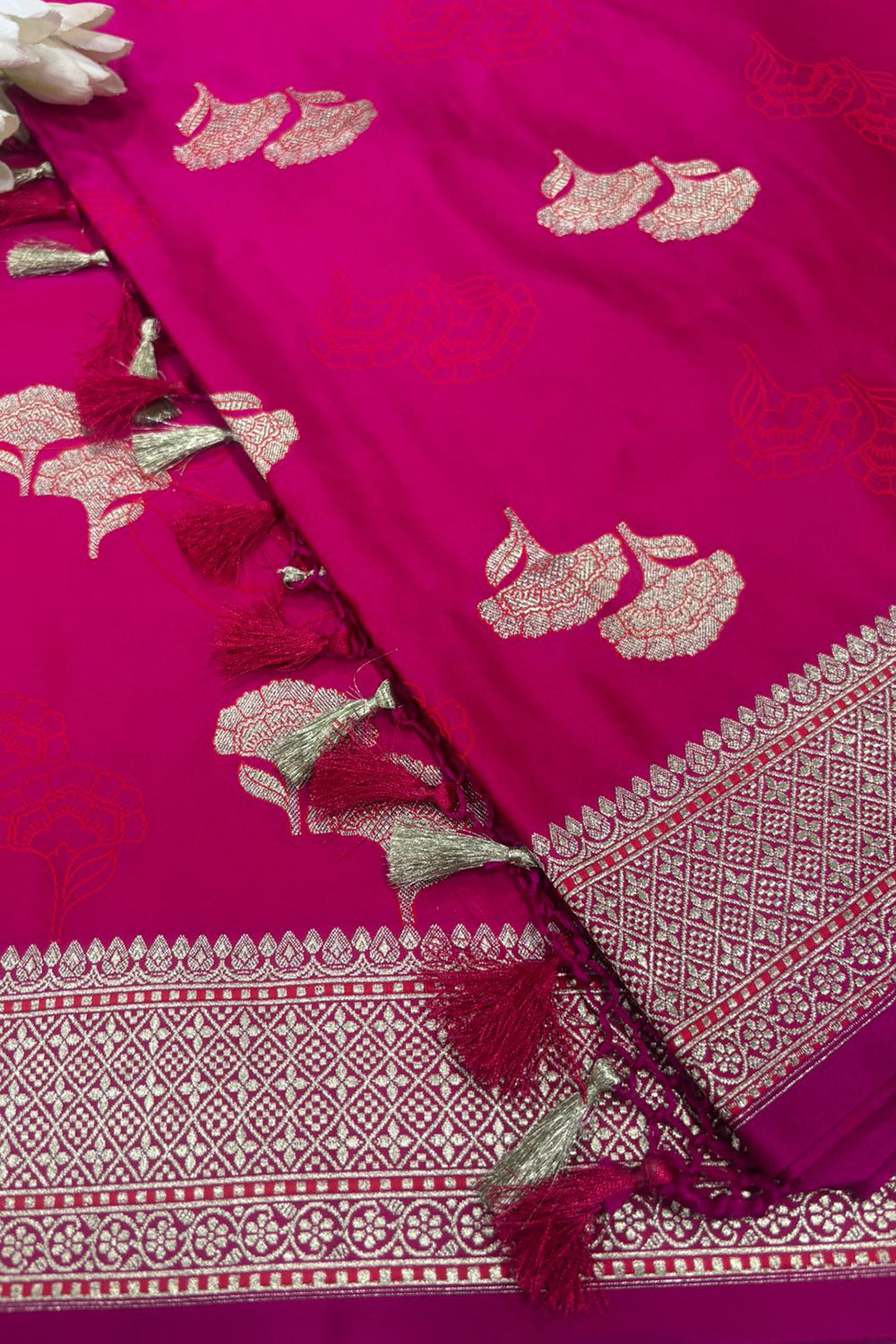 Pink Banarasi Mashru Silk Saree—Zari Floral Motifs, Wedding & Festive