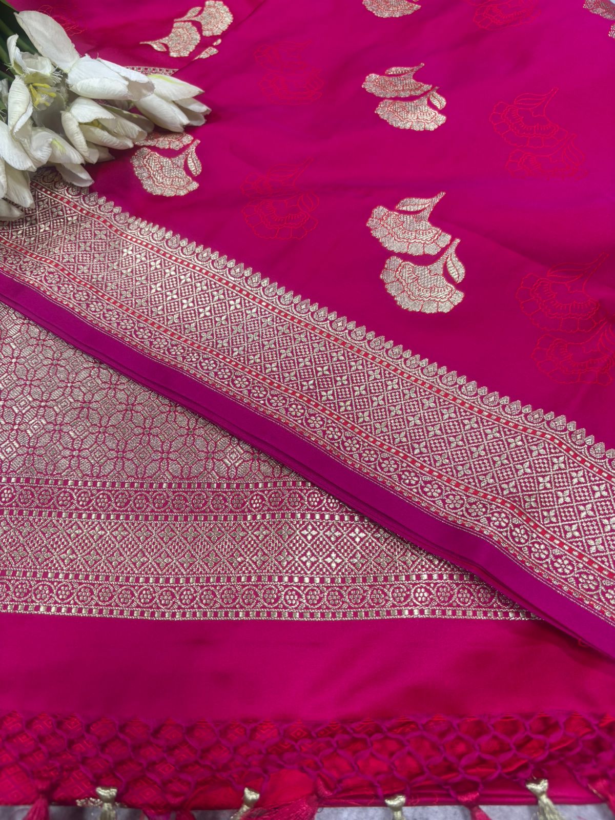 Pink Banarasi Mashru Silk Saree—Zari Floral Motifs, Wedding & Festive