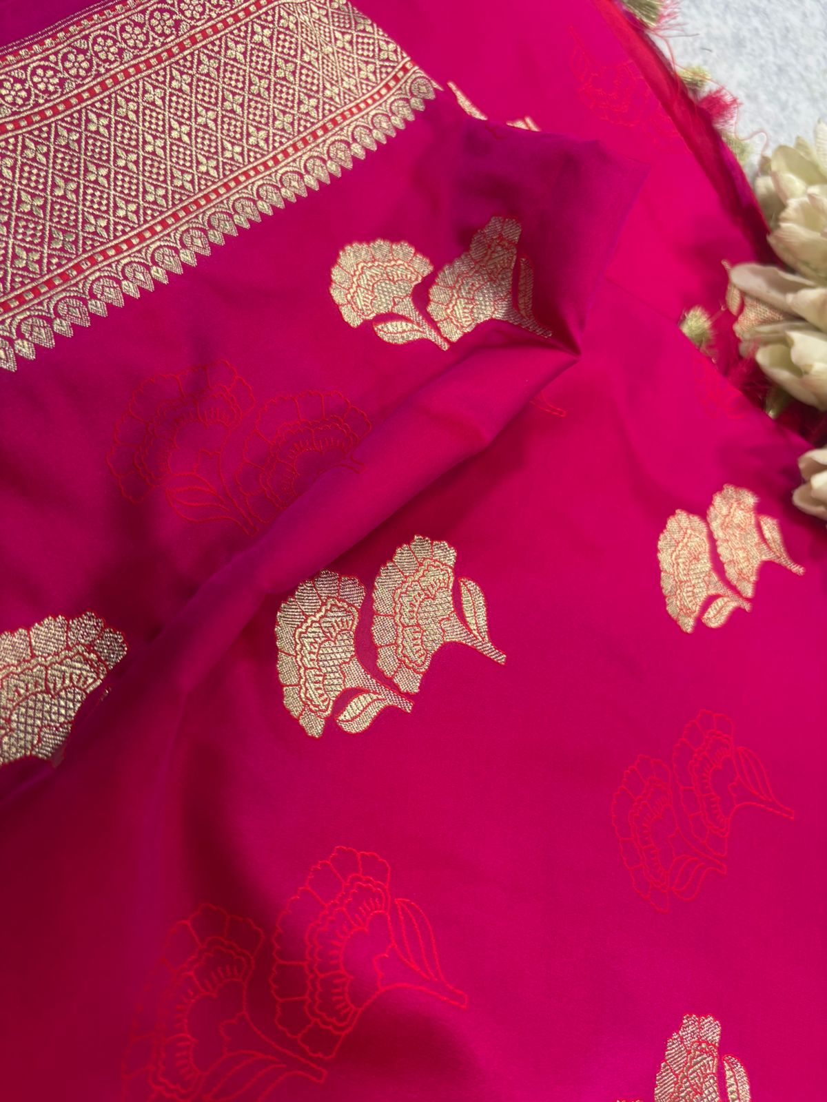 Pink Banarasi Mashru Silk Saree—Zari Floral Motifs, Wedding & Festive