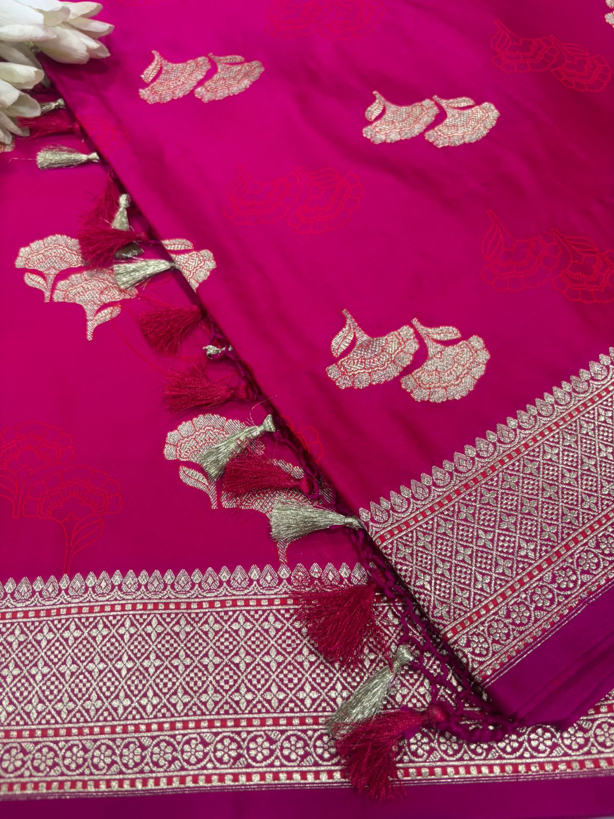 Pink Banarasi Mashru Silk Saree—Zari Floral Motifs, Wedding & Festive