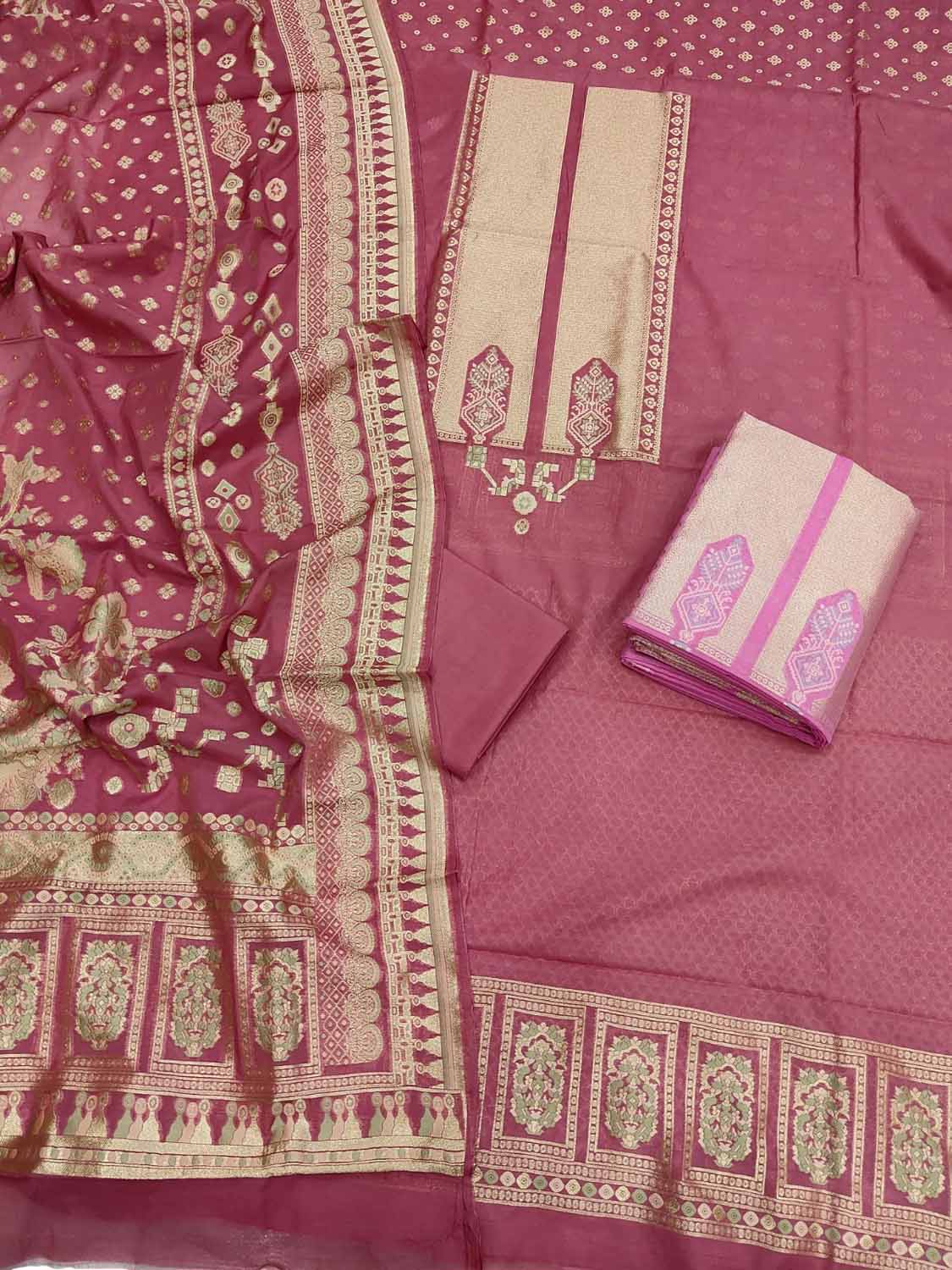 Pink Banarasi Semi Cotton Three Piece Unstitched Suit Set