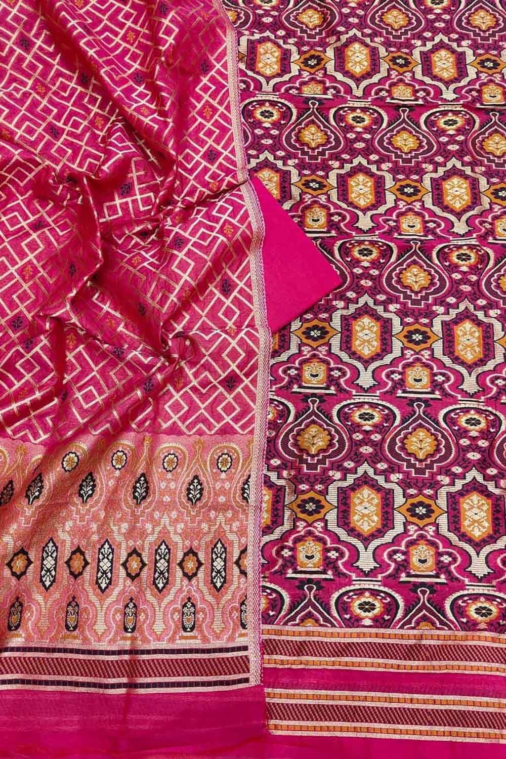 Pink Banarasi Semi Cotton Three Piece Unstitched Suit Set