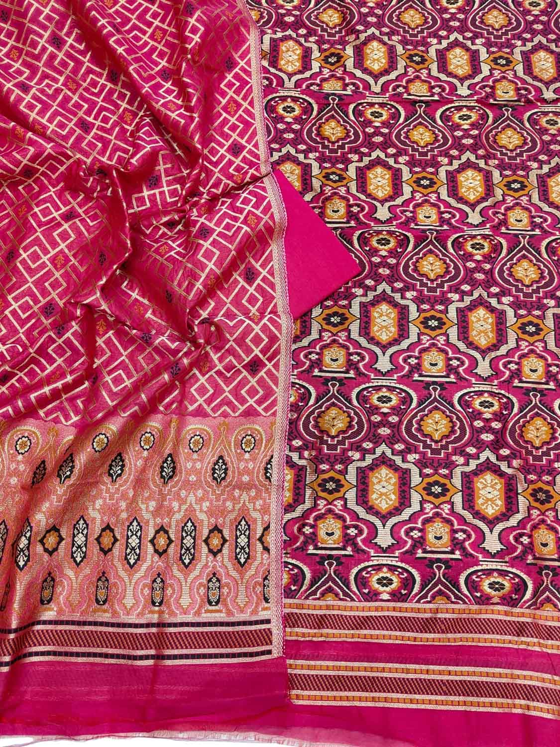 Pink Banarasi Semi Cotton Three Piece Unstitched Suit Set
