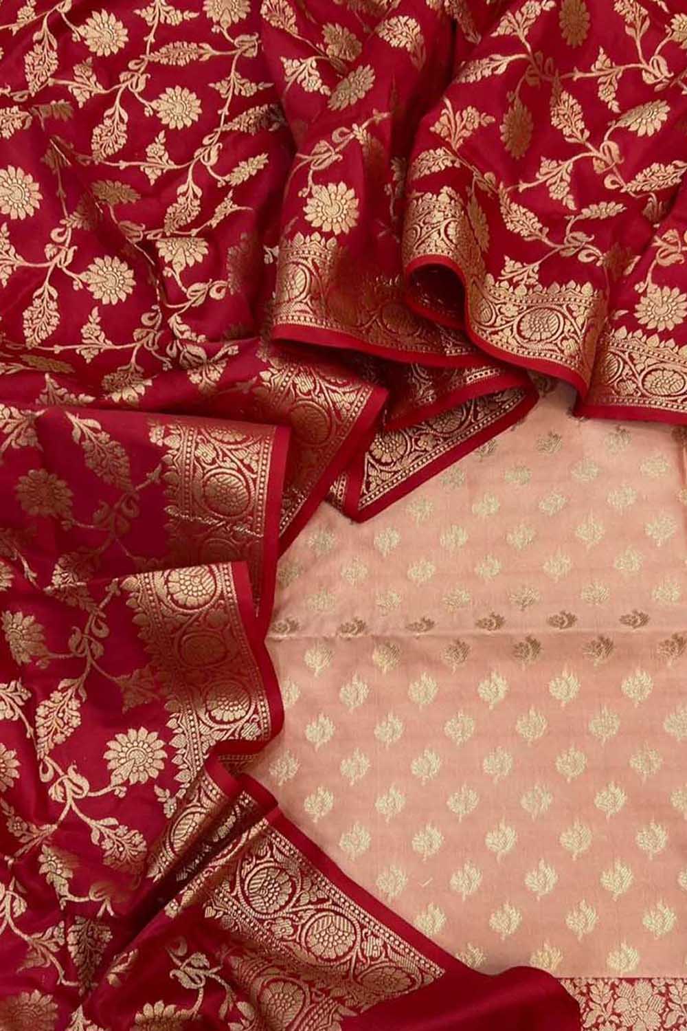 Pink Banarasi Silk Three Piece Unstitched Suit Set