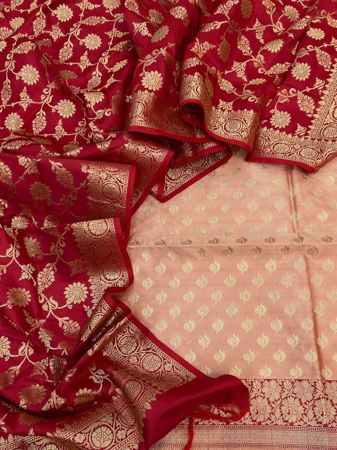 Pink Banarasi Silk Three Piece Unstitched Suit Set