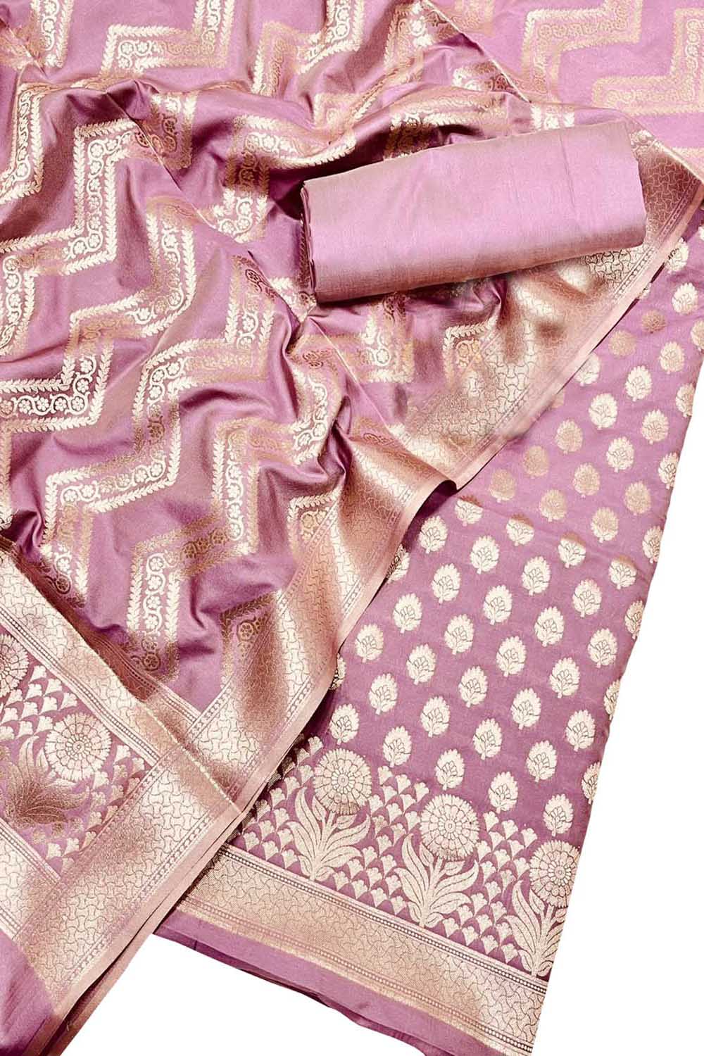 Pink Banarasi Silk Unstitched Suit Set Three Piece Festive Wear