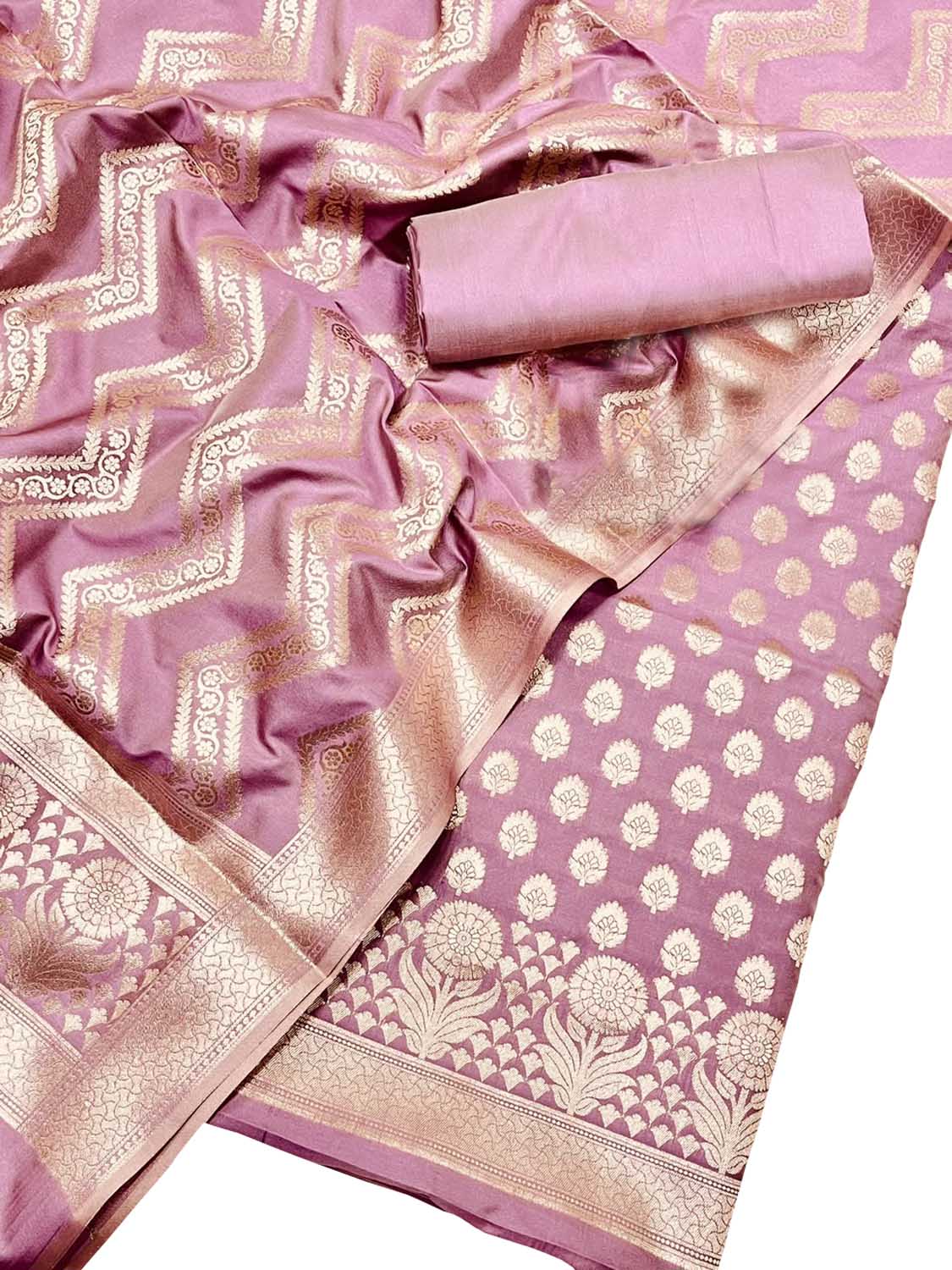 Pink Banarasi Silk Unstitched Suit Set Three Piece Festive Wear