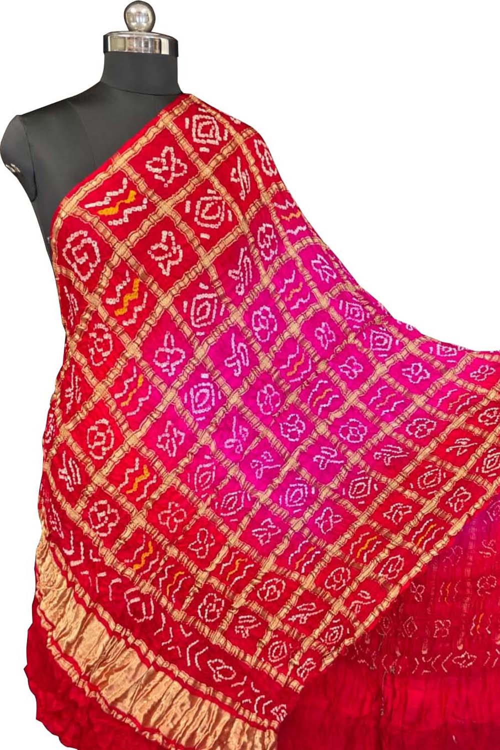 Pink Bandhani Gajji Silk Checks Design Dupatta