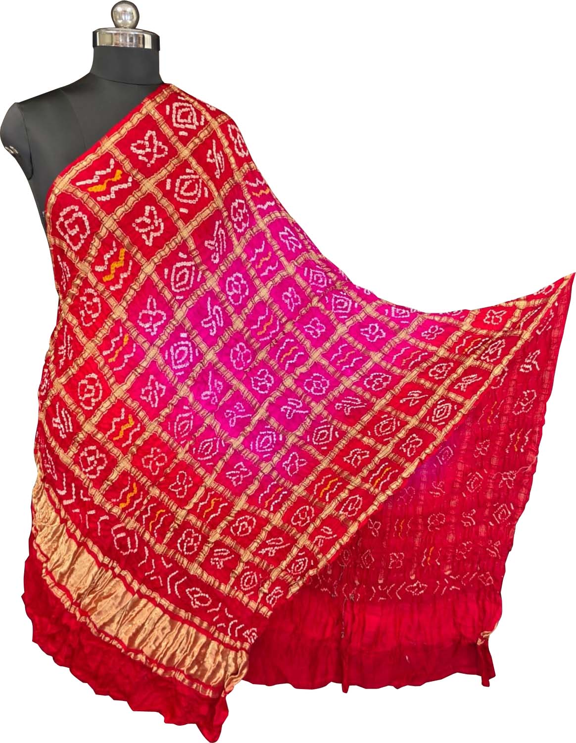 Pink Bandhani Gajji Silk Checks Design Dupatta