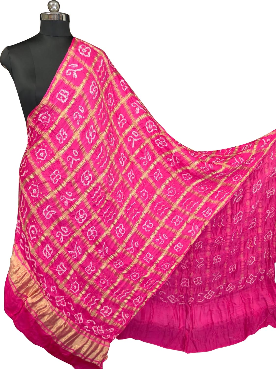 Pink Bandhani Gajji Silk Checks Design Dupatta