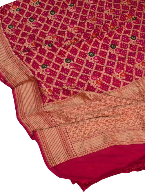 Pink Bandhani Georgette Three Piece Unstitched Suit With Meenakari Dupatta