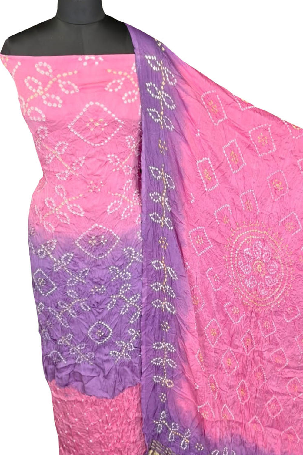 Pink Bandhani Modak Silk Three Piece Unstitched Suit Set