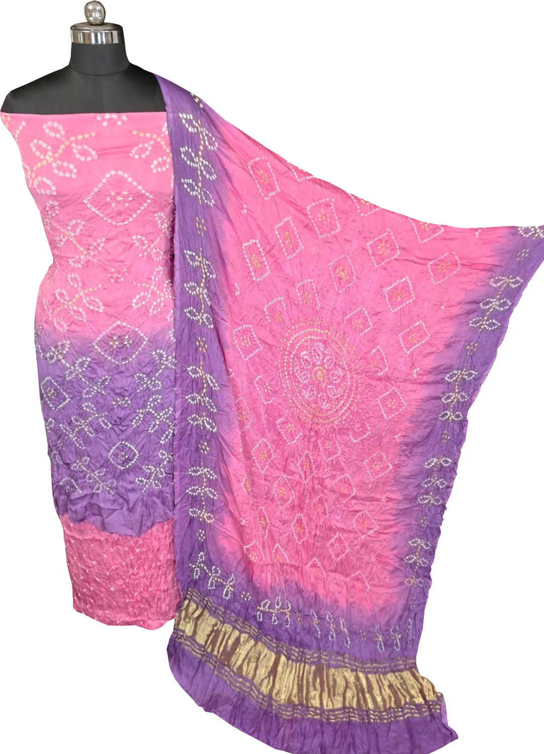 Pink Bandhani Modak Silk Three Piece Unstitched Suit Set