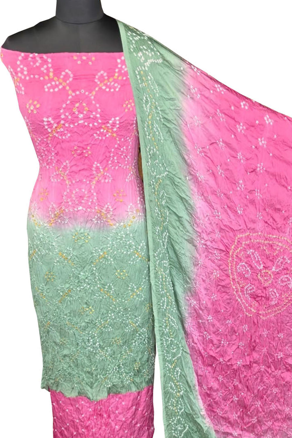 Pink Bandhani Modak Silk Three Piece Unstitched Suit Set