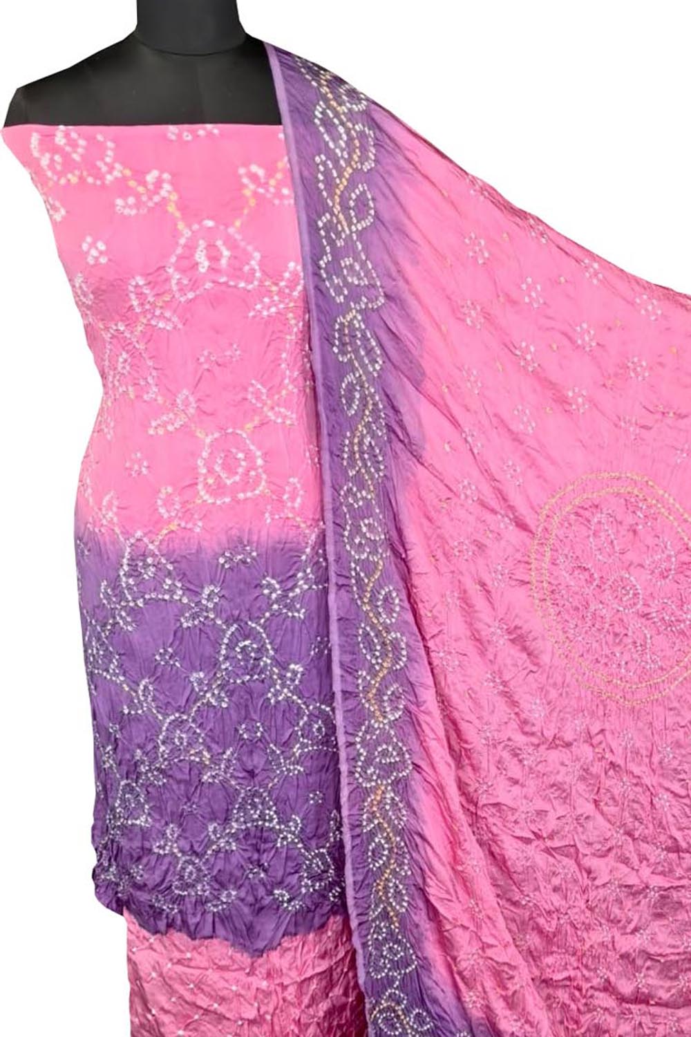 Pink Bandhani Modak Silk Three Piece Unstitched Suit Set