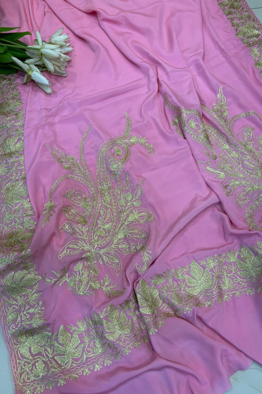 Pink Kashmiri Aari Crepe Saree—Chain Stitch Embroidery, Festive & Wedding
