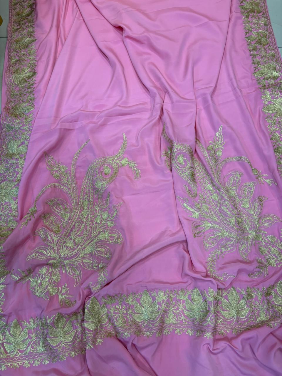 Pink Kashmiri Aari Crepe Saree—Chain Stitch Embroidery, Festive & Wedding
