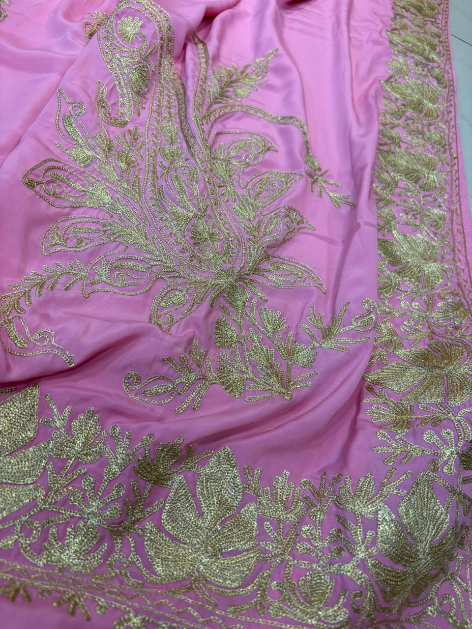Pink Kashmiri Aari Crepe Saree—Chain Stitch Embroidery, Festive & Wedding