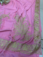 Pink Kashmiri Aari Crepe Saree—Chain Stitch Embroidery, Festive & Wedding